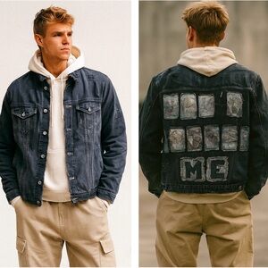 Men's Blue Black Distressed Upworked Denim Jacket- Don't Bother Me Graphic Back